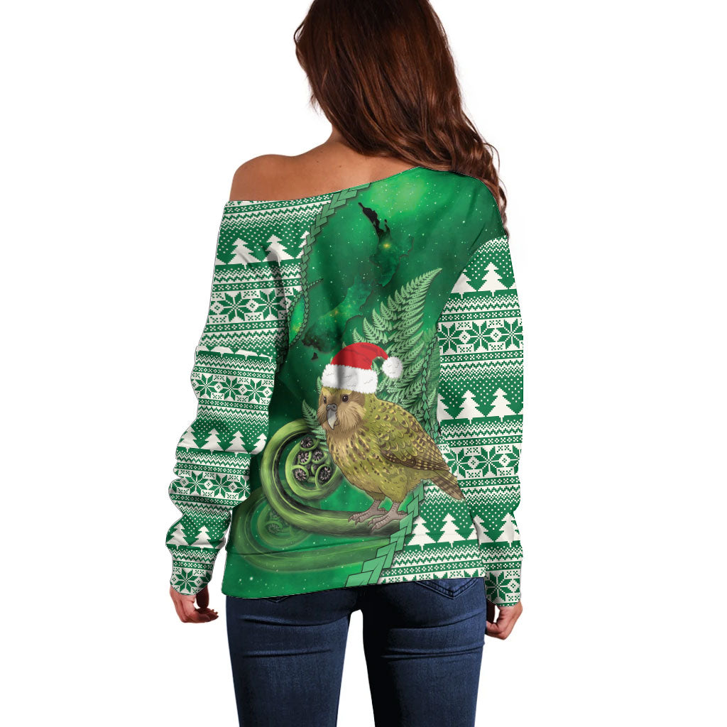 New Zealand Kakapo Christmas In July Off Shoulder Sweater Silver Fern Santa Xmas Green Color LT22 - Polynesian Pride