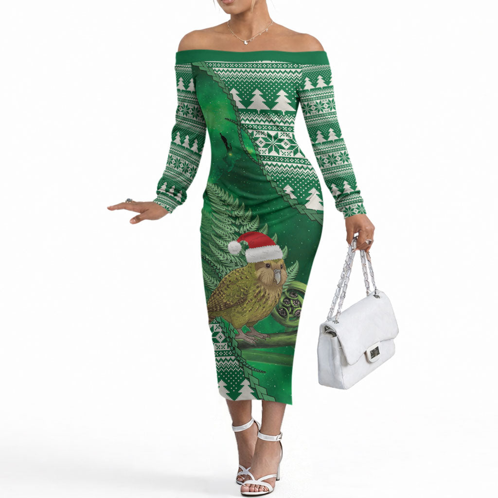 New Zealand Kakapo Christmas In July Off The Shoulder Long Sleeve Dress Silver Fern Santa Xmas Green Color LT22 Women Green - Polynesian Pride