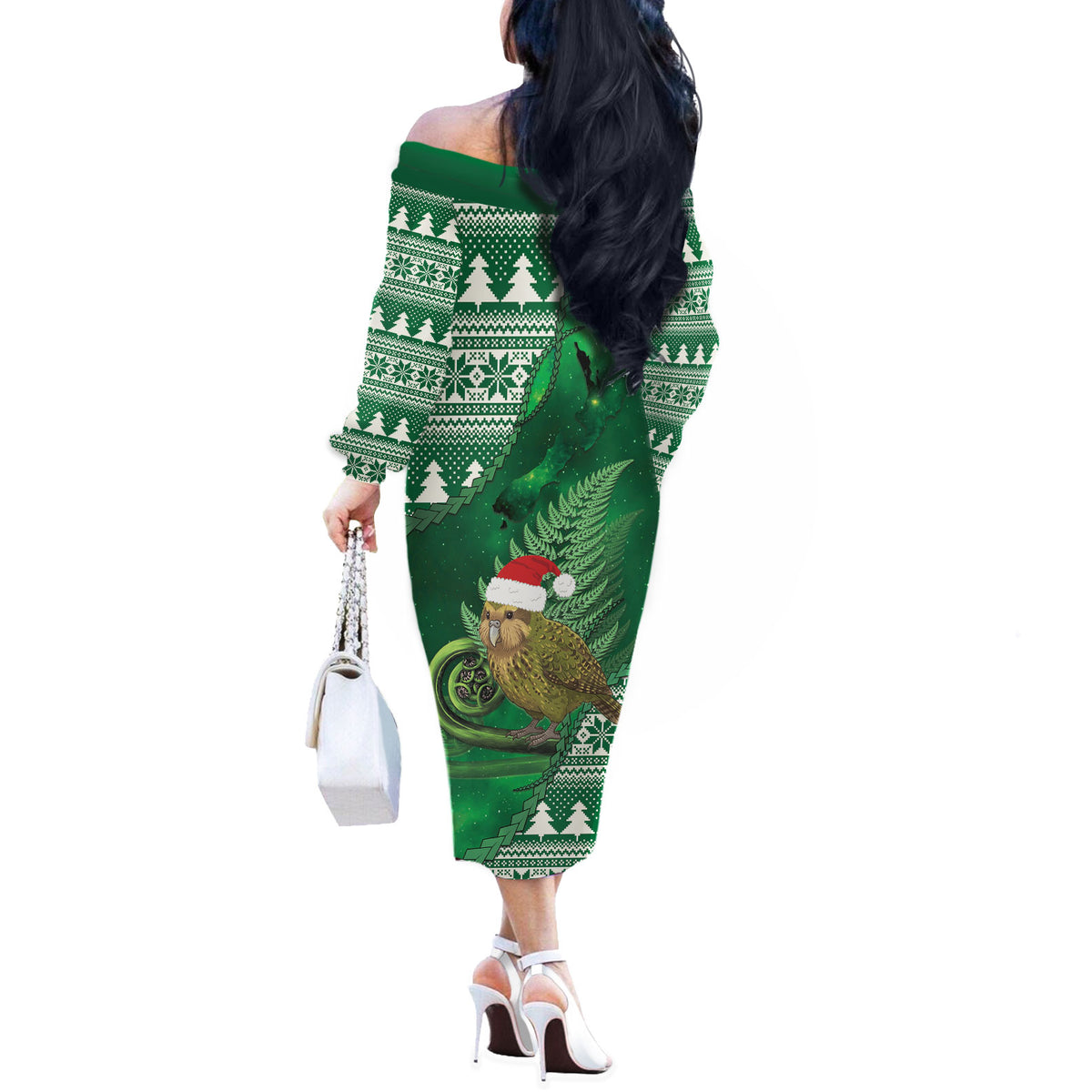 New Zealand Kakapo Christmas In July Off The Shoulder Long Sleeve Dress Silver Fern Santa Xmas Green Color LT22 - Polynesian Pride