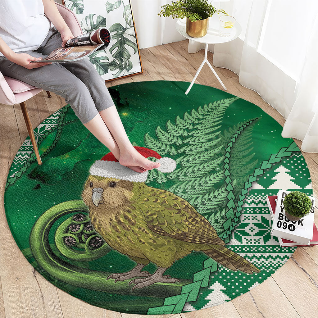 New Zealand Kakapo Christmas In July Round Carpet Silver Fern Santa Xmas Green Color LT22 - Polynesian Pride