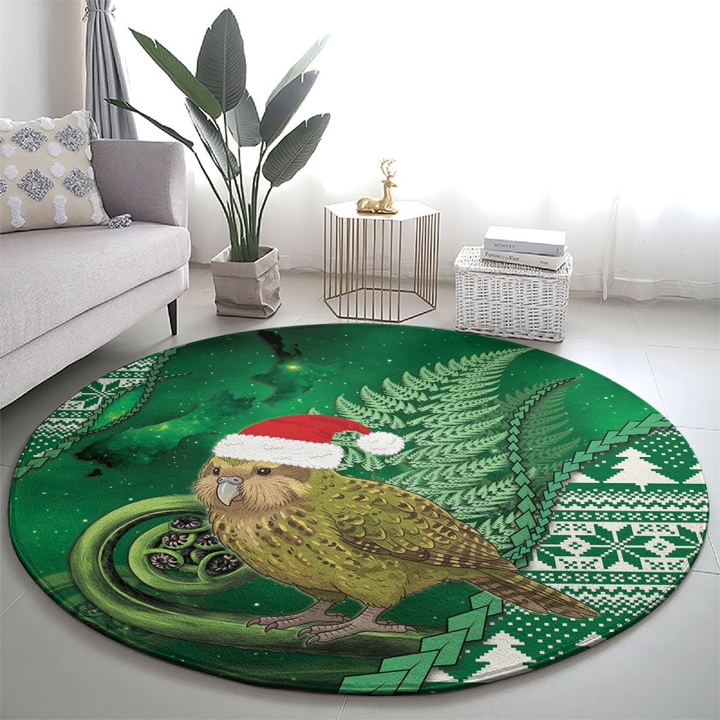New Zealand Kakapo Christmas In July Round Carpet Silver Fern Santa Xmas Green Color LT22 - Polynesian Pride