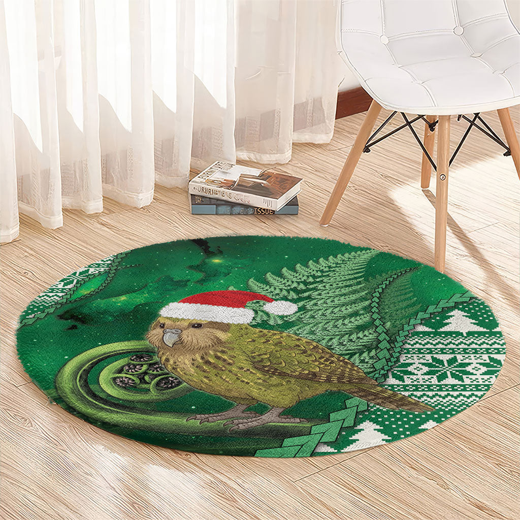 New Zealand Kakapo Christmas In July Round Carpet Silver Fern Santa Xmas Green Color LT22 - Polynesian Pride