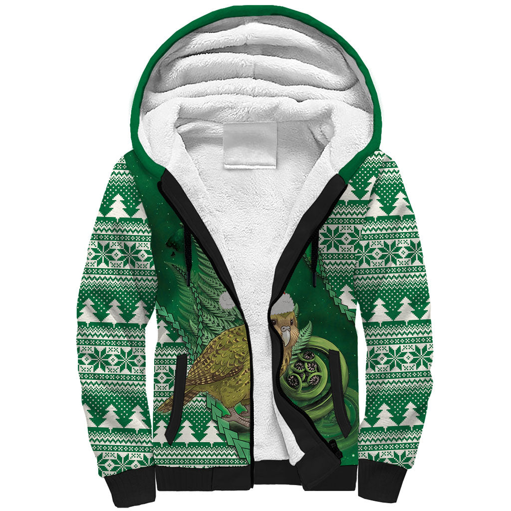 New Zealand Kakapo Christmas In July Sherpa Hoodie Silver Fern Santa Xmas Green Color LT22 Unisex Green - Polynesian Pride