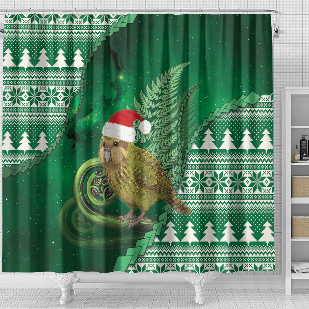 New Zealand Kakapo Christmas In July Shower Curtain Silver Fern Santa Xmas Green Color LT22 - Polynesian Pride