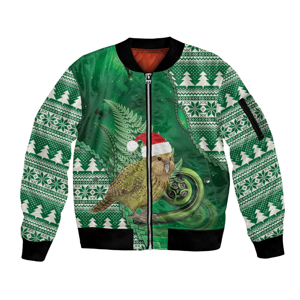 New Zealand Kakapo Christmas In July Sleeve Zip Bomber Jacket Silver Fern Santa Xmas Green Color LT22 Unisex Green - Polynesian Pride