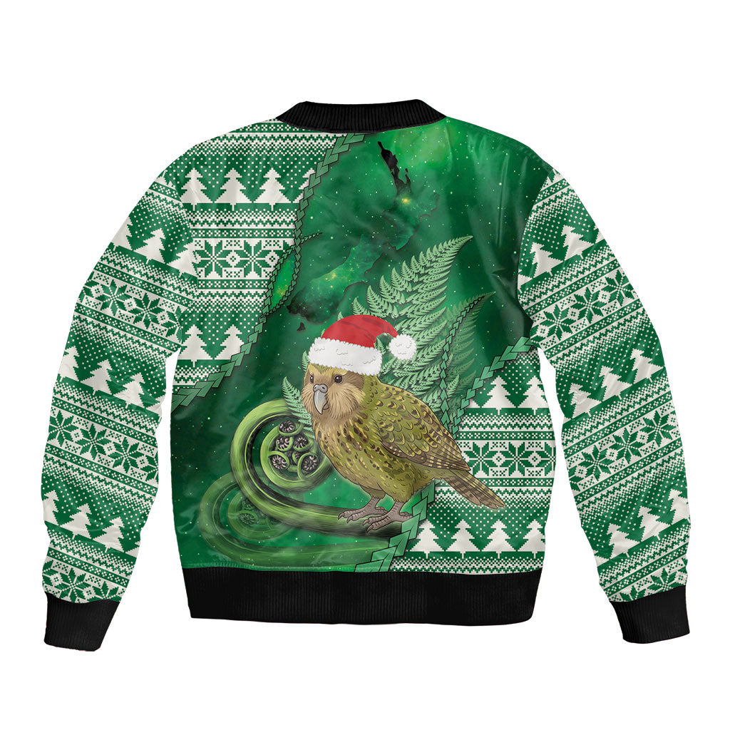 New Zealand Kakapo Christmas In July Sleeve Zip Bomber Jacket Silver Fern Santa Xmas Green Color LT22 - Polynesian Pride