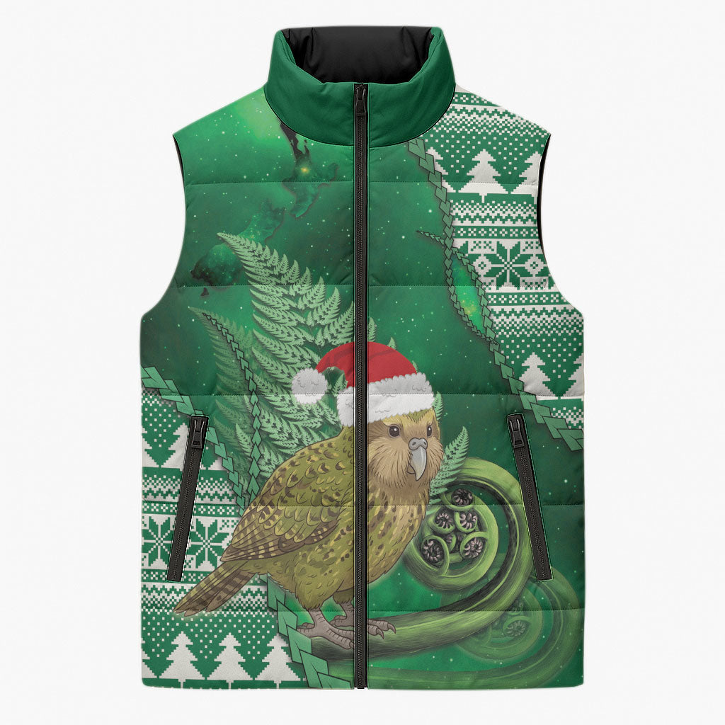 New Zealand Kakapo Christmas In July Sleeveless Puffer Jacket Silver Fern Santa Xmas Green Color LT22 Unisex Green - Polynesian Pride