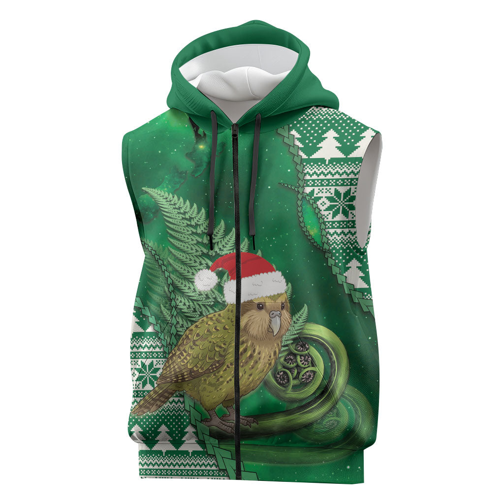 New Zealand Kakapo Christmas In July Sleeveless Zip Hoodie Silver Fern Santa Xmas Green Color LT22 Green - Polynesian Pride