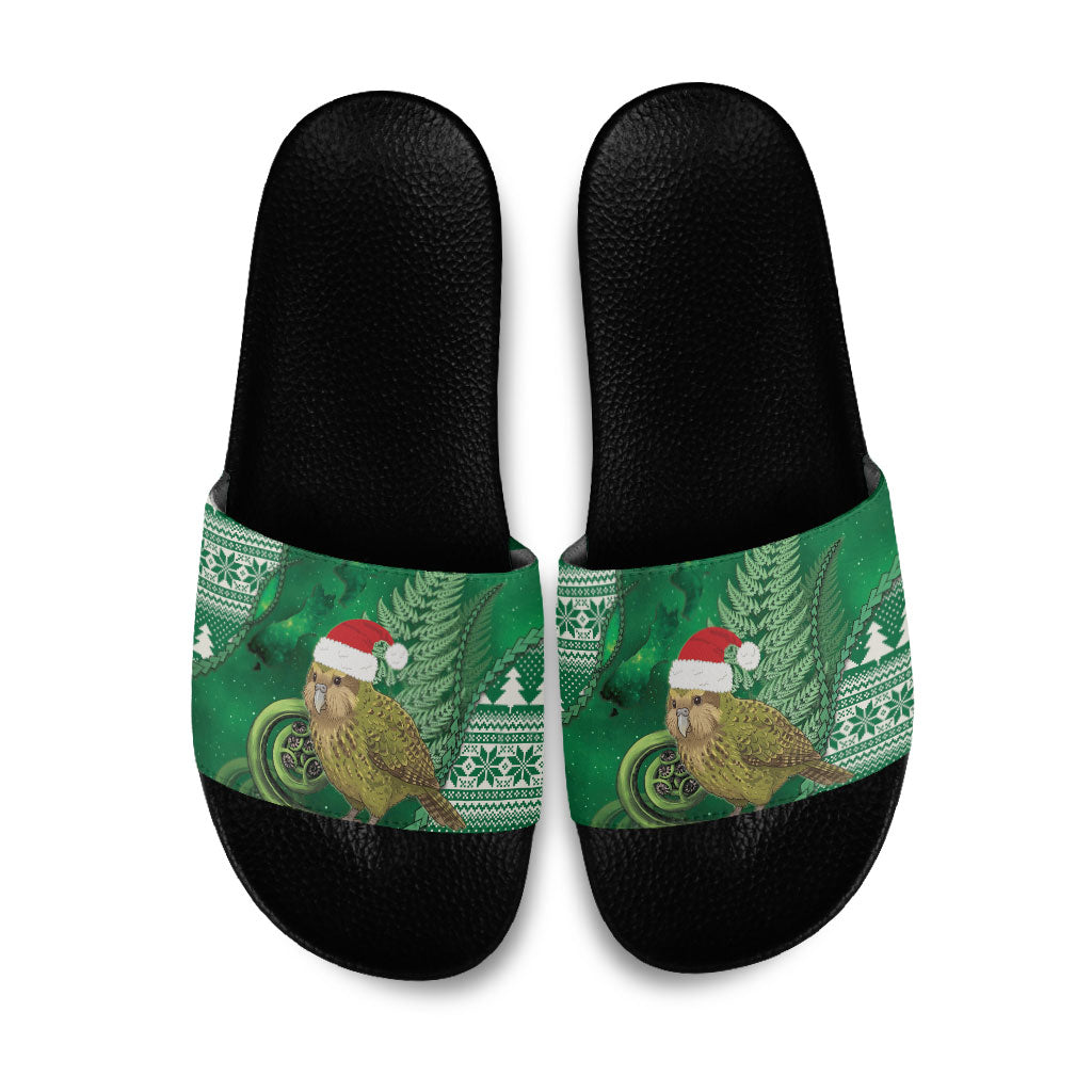 New Zealand Kakapo Christmas In July Slide Sandals Silver Fern Santa Xmas Green Color LT22 Green - Polynesian Pride