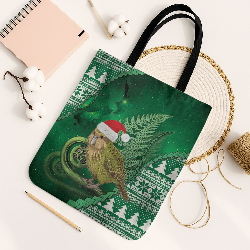New Zealand Kakapo Christmas In July Tote Bag Silver Fern Santa Xmas Green Color LT22 Black Strap One Size Green - Polynesian Pride