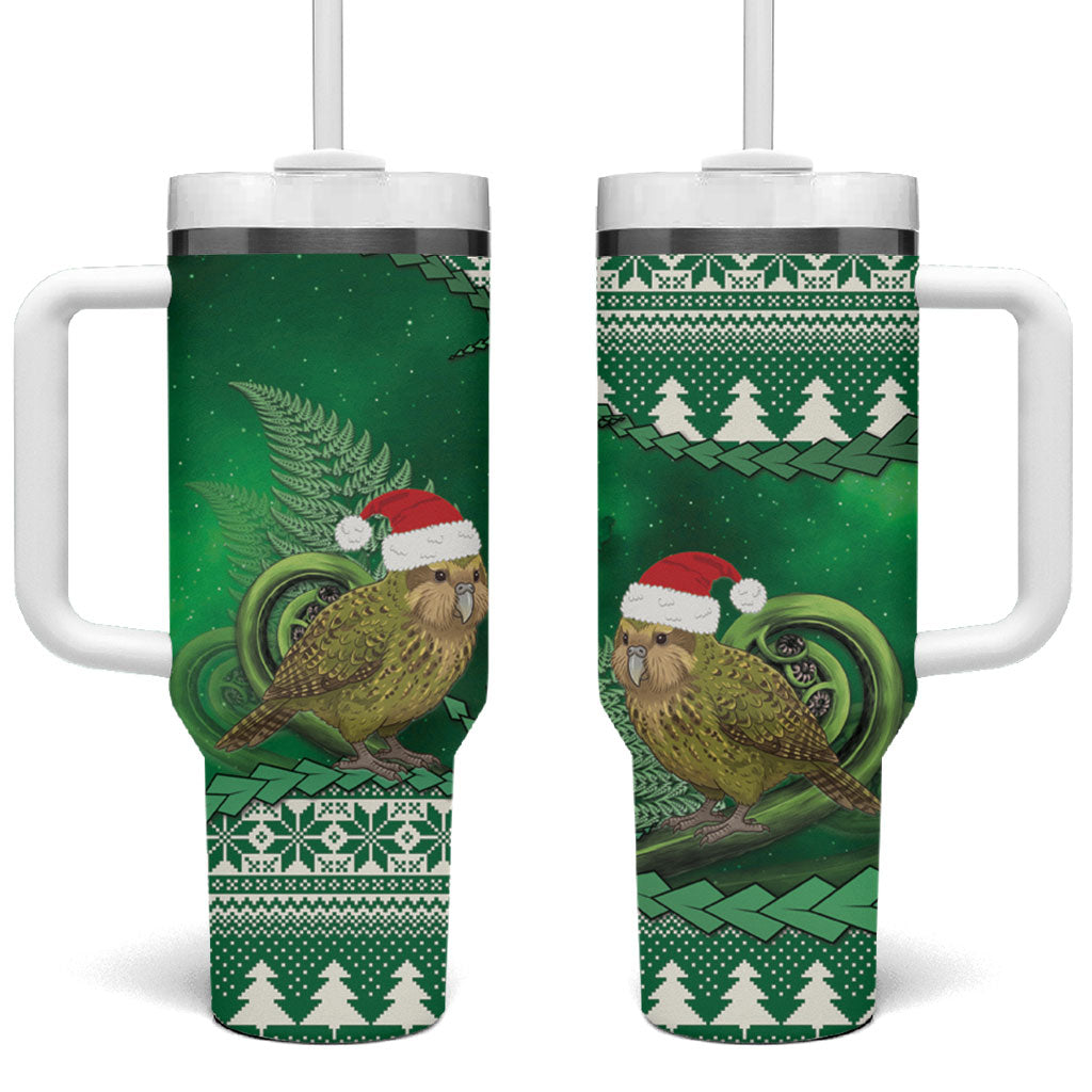 New Zealand Kakapo Christmas In July Tumbler With Handle Silver Fern Santa Xmas Green Color LT22 One Size: 40 oz Green - Polynesian Pride