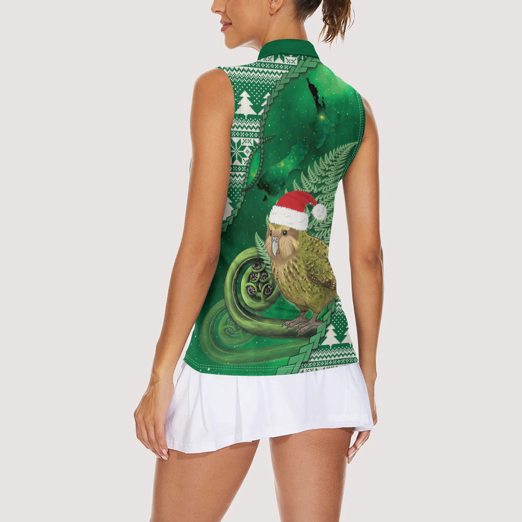 New Zealand Kakapo Christmas In July Women Sleeveless Polo Shirt Silver Fern Santa Xmas Green Color LT22 - Polynesian Pride