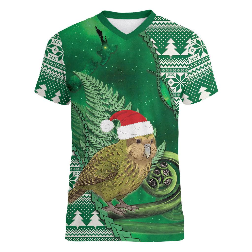 New Zealand Kakapo Christmas In July Women V-Neck T-Shirt Silver Fern Santa Xmas Green Color LT22 Female Green - Polynesian Pride