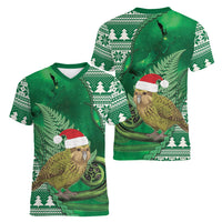New Zealand Kakapo Christmas In July Women V-Neck T-Shirt Silver Fern Santa Xmas Green Color LT22 - Polynesian Pride