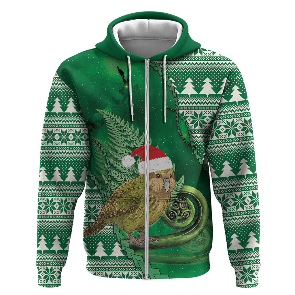 New Zealand Kakapo Christmas In July Zip Hoodie Silver Fern Santa Xmas Green Color LT22 Zip Hoodie Green - Polynesian Pride