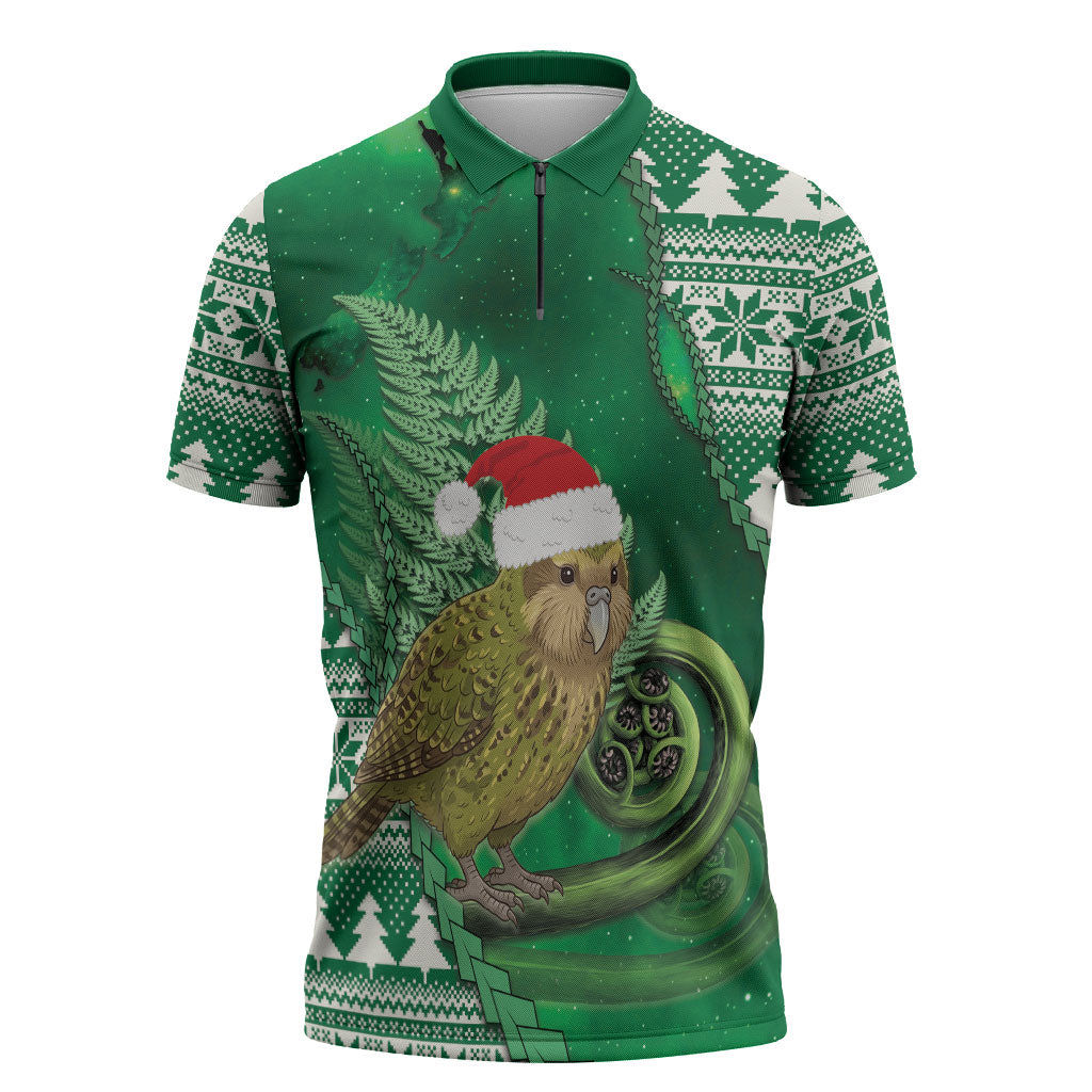 New Zealand Kakapo Christmas In July Zipper Polo Shirt Silver Fern Santa Xmas Green Color LT22 Green - Polynesian Pride