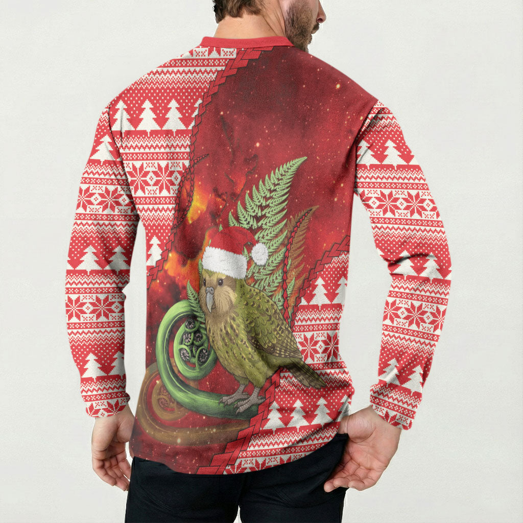 New Zealand Kakapo Christmas In July Button Sweatshirt Silver Fern Santa Xmas Red Color