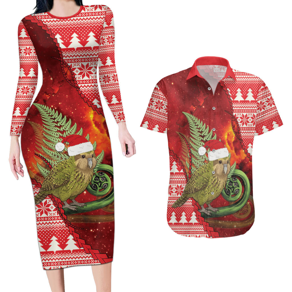 New Zealand Kakapo Christmas In July Couples Matching Long Sleeve Bodycon Dress and Hawaiian Shirt Silver Fern Santa Xmas Red Color LT22 Red - Polynesian Pride