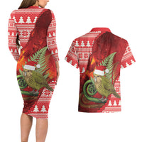 New Zealand Kakapo Christmas In July Couples Matching Long Sleeve Bodycon Dress and Hawaiian Shirt Silver Fern Santa Xmas Red Color LT22 - Polynesian Pride