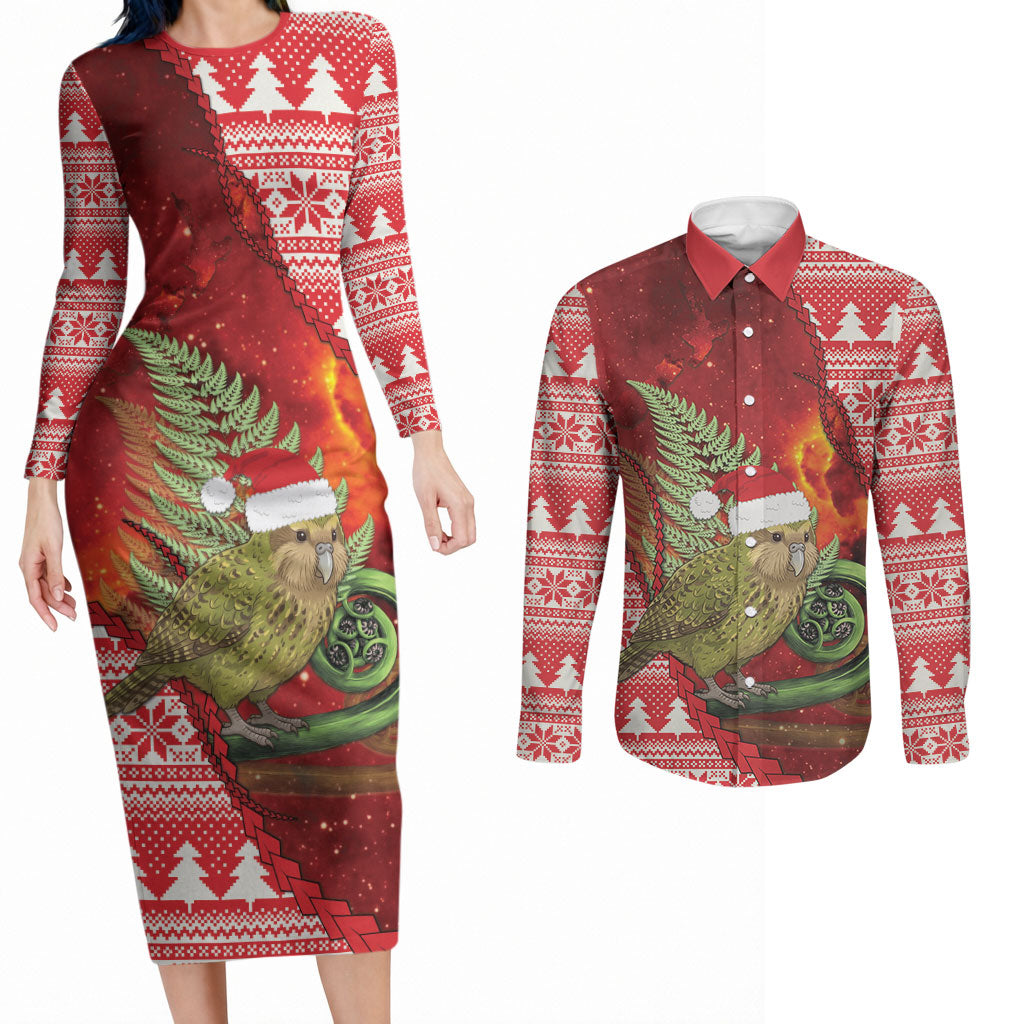 New Zealand Kakapo Christmas In July Couples Matching Long Sleeve Bodycon Dress and Long Sleeve Button Shirt Silver Fern Santa Xmas Red Color LT22 Red - Polynesian Pride