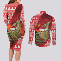 New Zealand Kakapo Christmas In July Couples Matching Long Sleeve Bodycon Dress and Long Sleeve Button Shirt Silver Fern Santa Xmas Red Color LT22 - Polynesian Pride
