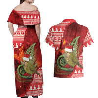 New Zealand Kakapo Christmas In July Couples Matching Off Shoulder Maxi Dress and Hawaiian Shirt Silver Fern Santa Xmas Red Color LT22 - Polynesian Pride