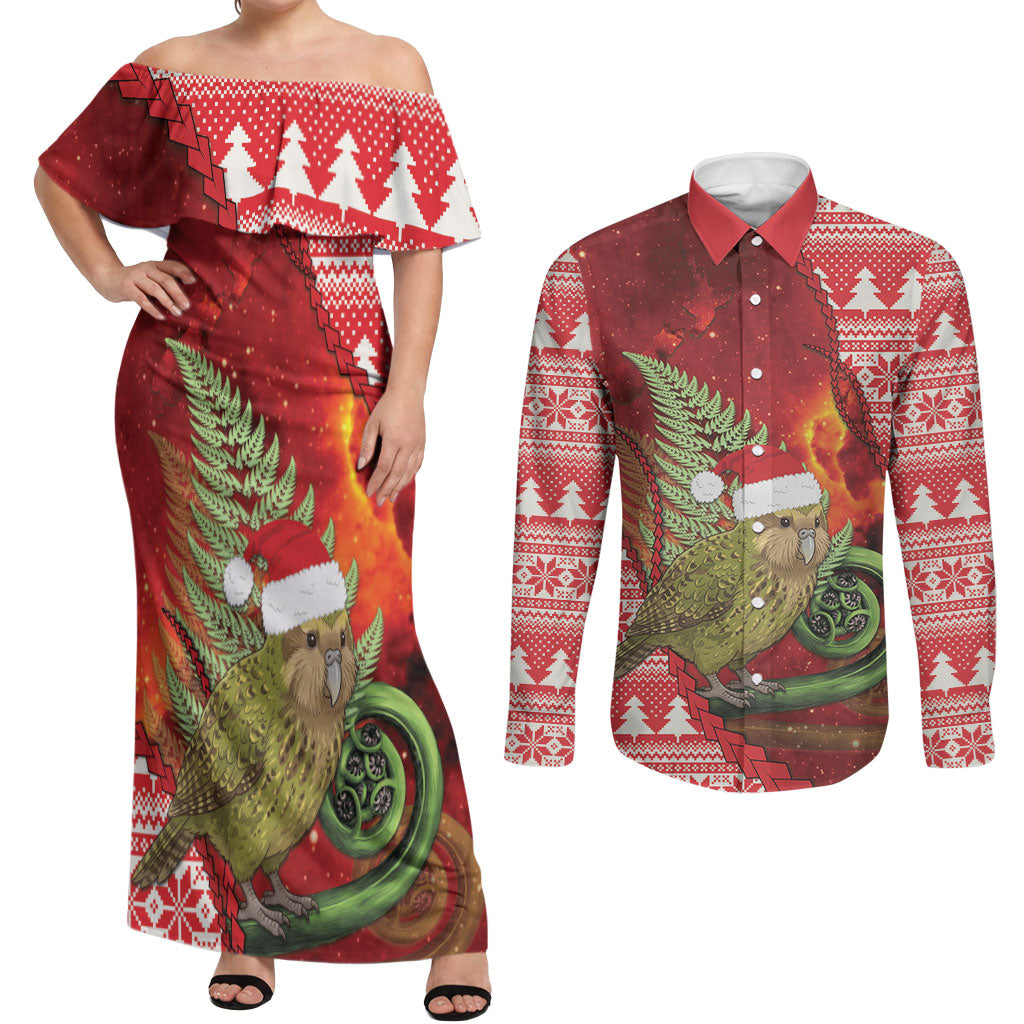 New Zealand Kakapo Christmas In July Couples Matching Off Shoulder Maxi Dress and Long Sleeve Button Shirt Silver Fern Santa Xmas Red Color LT22 Red - Polynesian Pride