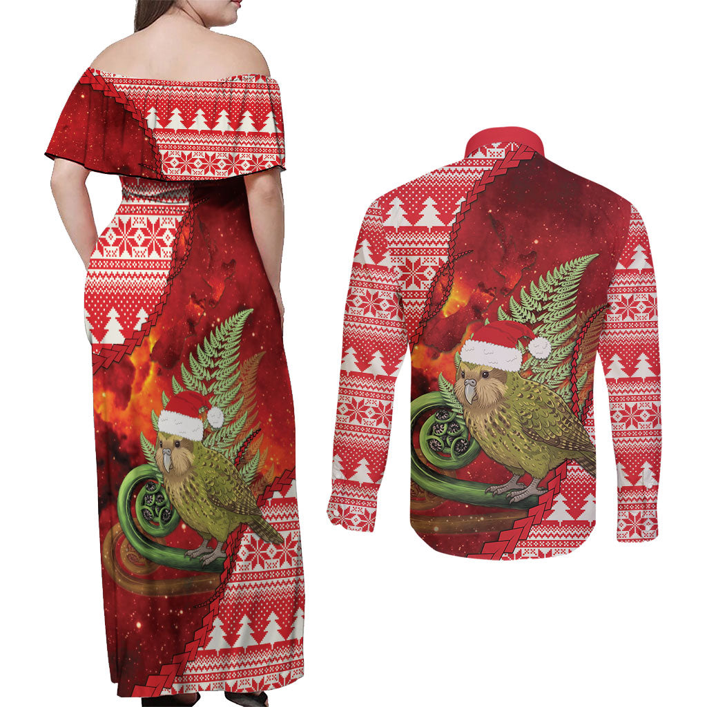 New Zealand Kakapo Christmas In July Couples Matching Off Shoulder Maxi Dress and Long Sleeve Button Shirt Silver Fern Santa Xmas Red Color