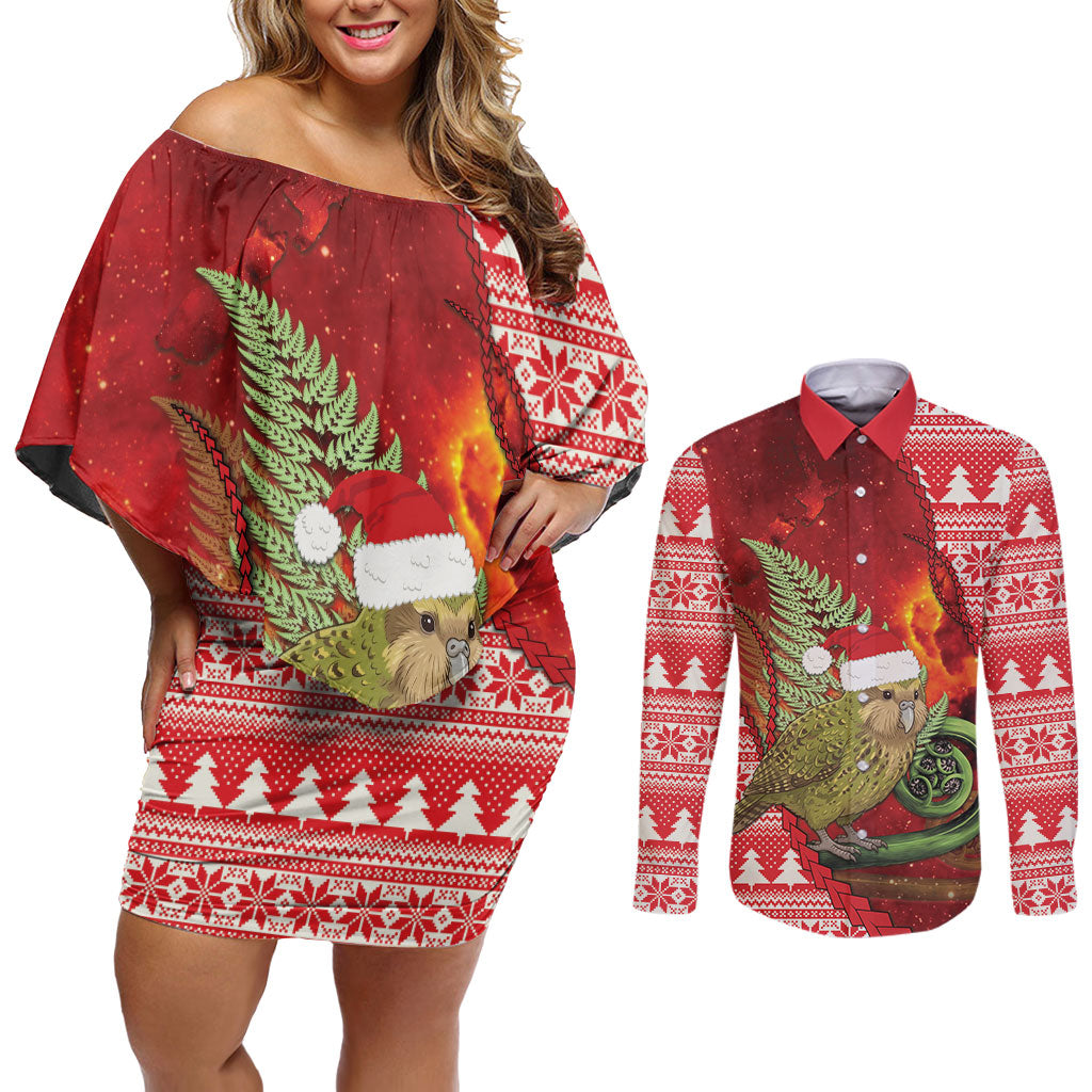 New Zealand Kakapo Christmas In July Couples Matching Off Shoulder Short Dress and Long Sleeve Button Shirt Silver Fern Santa Xmas Red Color LT22 Red - Polynesian Pride