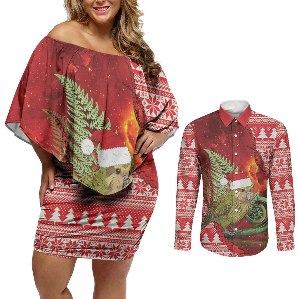 New Zealand Kakapo Christmas In July Couples Matching Off Shoulder Short Dress and Long Sleeve Button Shirt Silver Fern Santa Xmas Red Color LT22 Red - Polynesian Pride