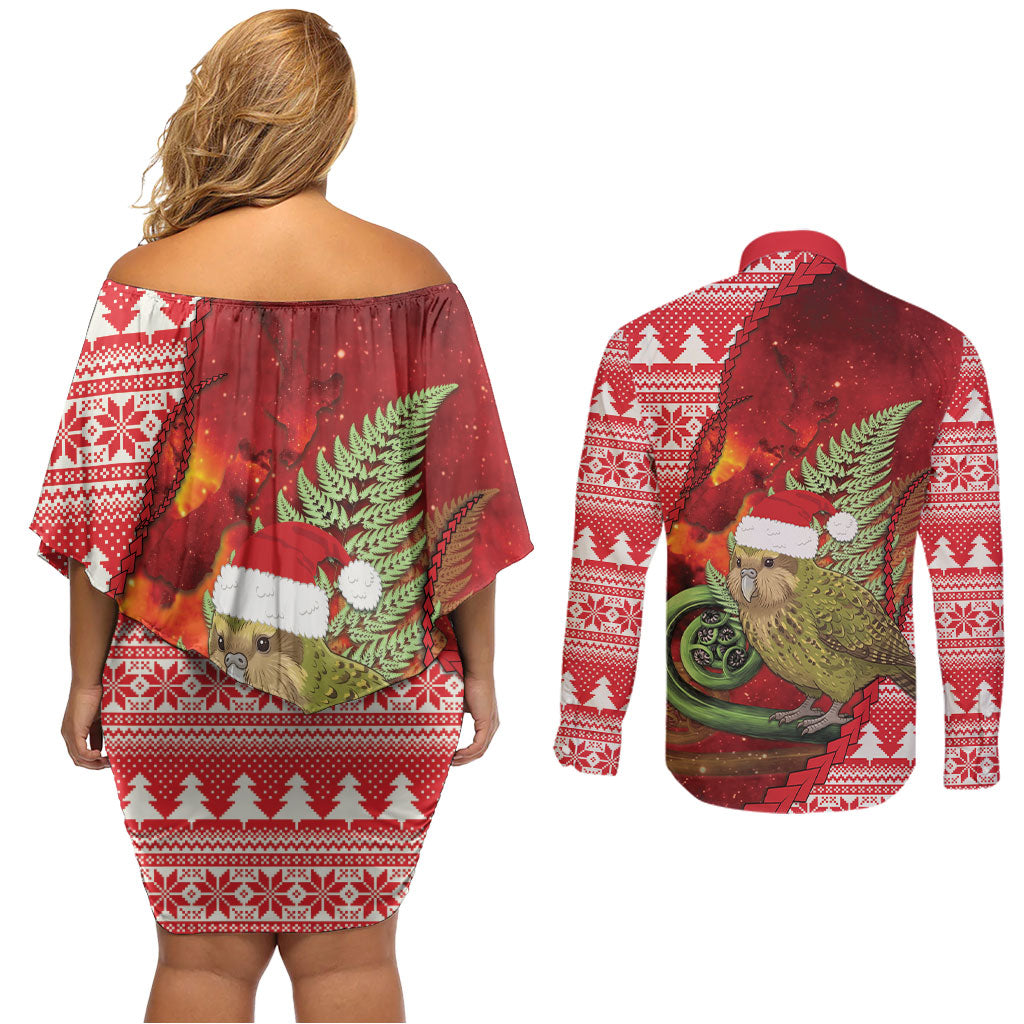 New Zealand Kakapo Christmas In July Couples Matching Off Shoulder Short Dress and Long Sleeve Button Shirt Silver Fern Santa Xmas Red Color LT22 - Polynesian Pride