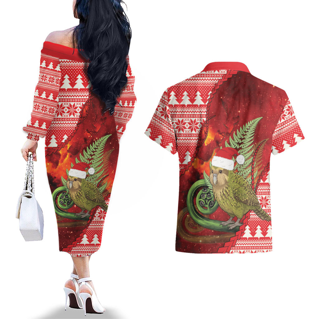 New Zealand Kakapo Christmas In July Couples Matching Off The Shoulder Long Sleeve Dress and Hawaiian Shirt Silver Fern Santa Xmas Red Color LT22 - Polynesian Pride