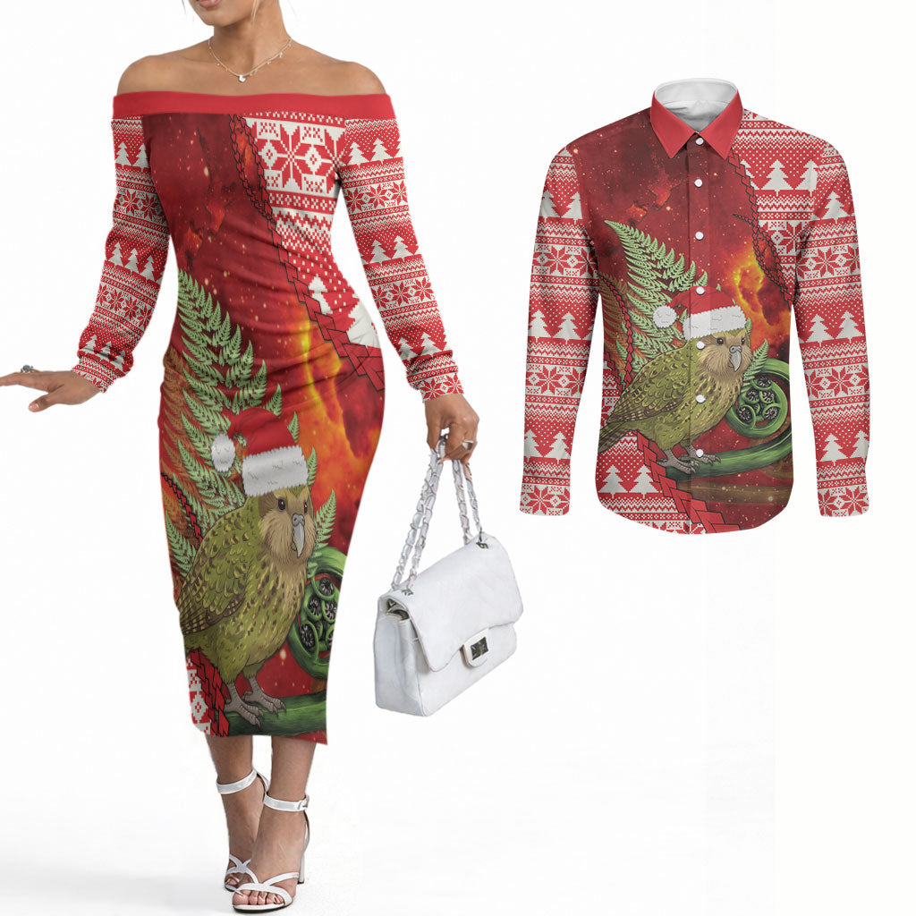 New Zealand Kakapo Christmas In July Couples Matching Off The Shoulder Long Sleeve Dress and Long Sleeve Button Shirt Silver Fern Santa Xmas Red Color LT22 Red - Polynesian Pride
