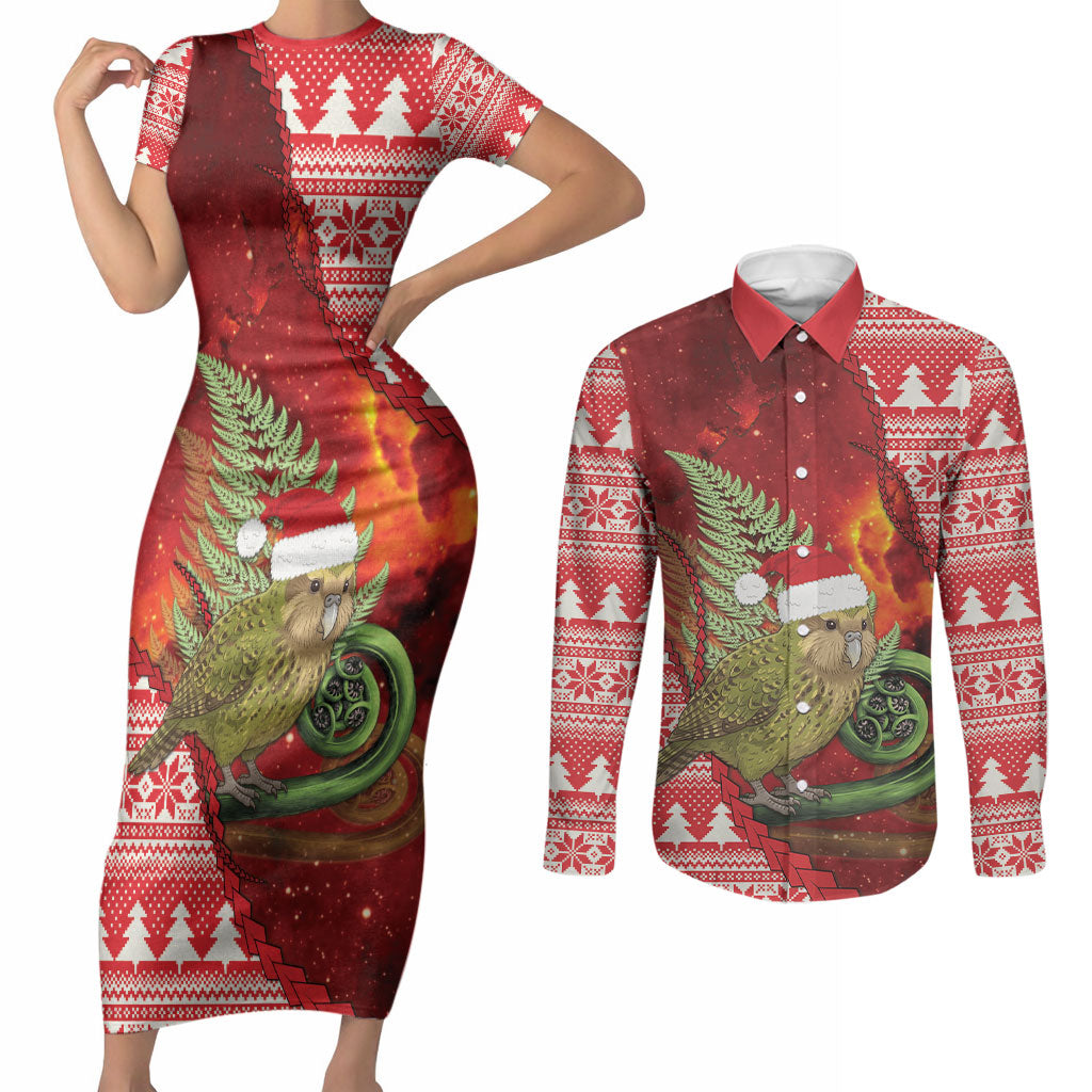 New Zealand Kakapo Christmas In July Couples Matching Short Sleeve Bodycon Dress and Long Sleeve Button Shirt Silver Fern Santa Xmas Red Color LT22 Red - Polynesian Pride