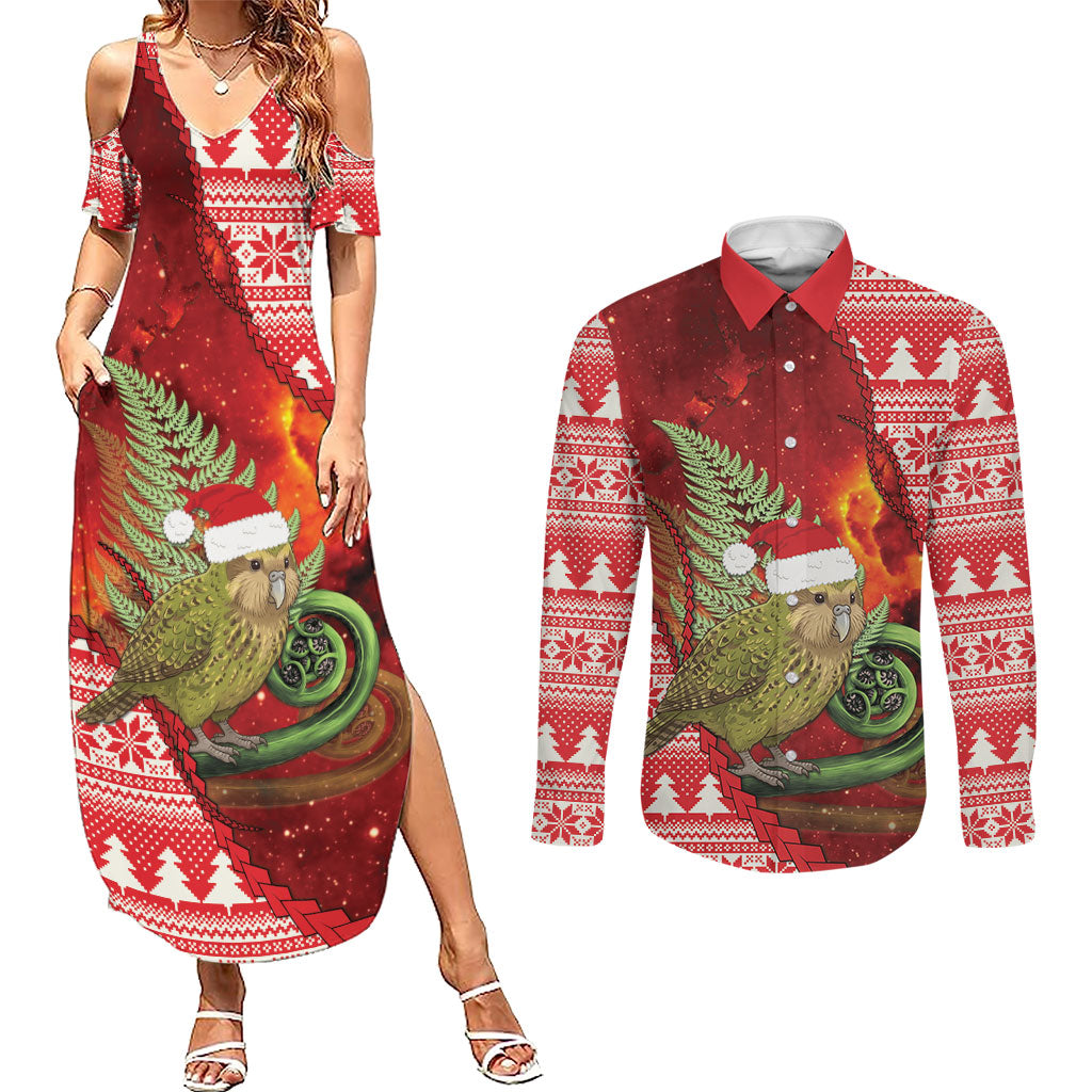 New Zealand Kakapo Christmas In July Couples Matching Summer Maxi Dress and Long Sleeve Button Shirt Silver Fern Santa Xmas Red Color