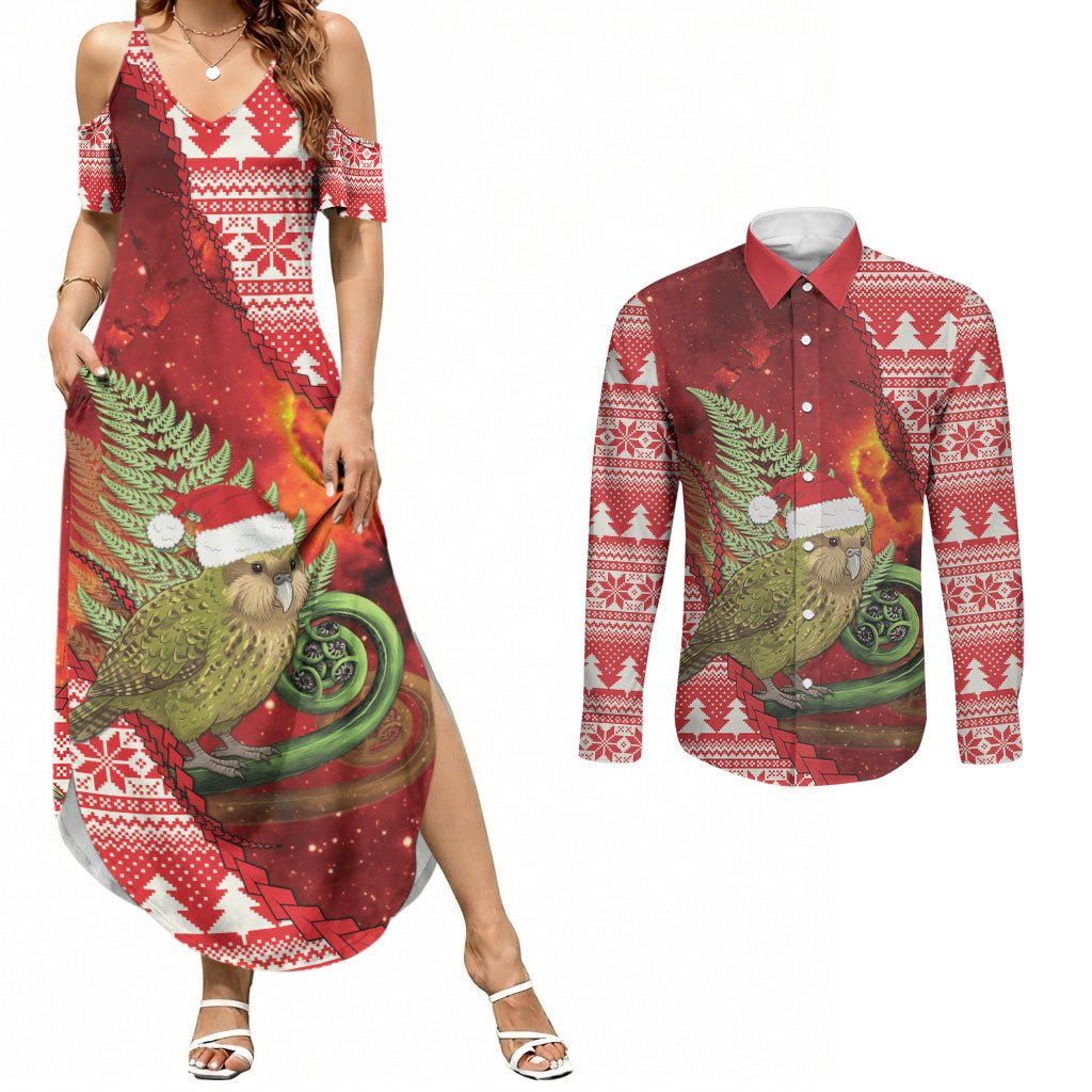 New Zealand Kakapo Christmas In July Couples Matching Summer Maxi Dress and Long Sleeve Button Shirt Silver Fern Santa Xmas Red Color LT22 Red - Polynesian Pride
