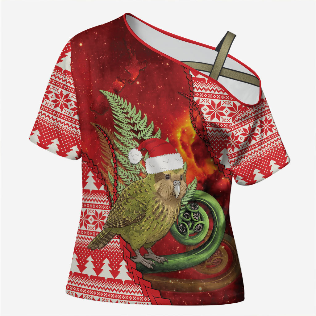 New Zealand Kakapo Christmas In July Cross Shoulder Shirt Silver Fern Santa Xmas Red Color LT22 Female Red - Polynesian Pride