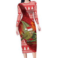 New Zealand Kakapo Christmas In July Family Matching Long Sleeve Bodycon Dress and Hawaiian Shirt Silver Fern Santa Xmas Red Color LT22 Mom's Dress Red - Polynesian Pride