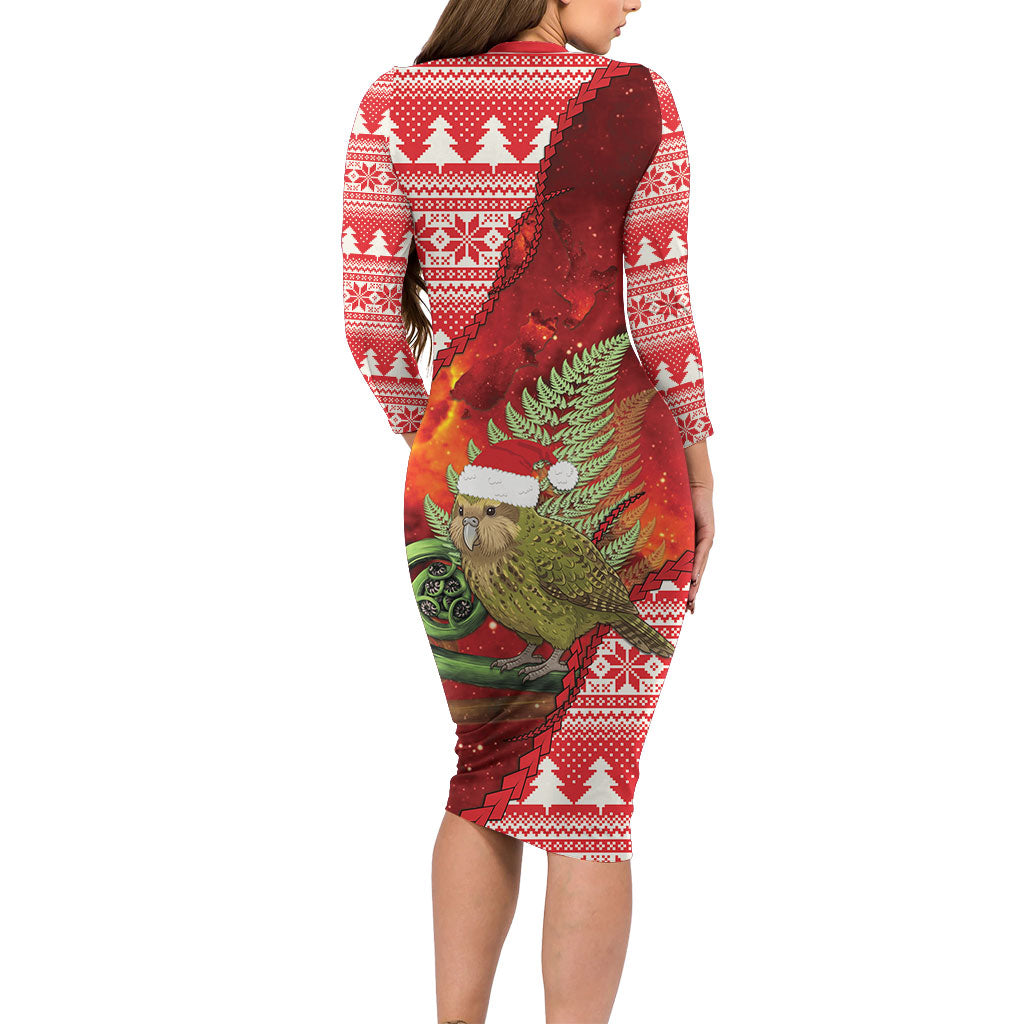New Zealand Kakapo Christmas In July Family Matching Long Sleeve Bodycon Dress and Hawaiian Shirt Silver Fern Santa Xmas Red Color LT22 - Polynesian Pride