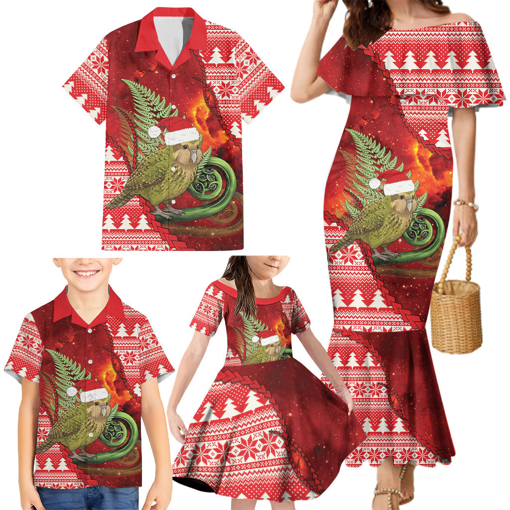 New Zealand Kakapo Christmas In July Family Matching Mermaid Dress and Hawaiian Shirt Silver Fern Santa Xmas Red Color LT22 - Polynesian Pride