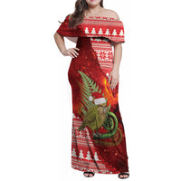 New Zealand Kakapo Christmas In July Family Matching Off Shoulder Maxi Dress and Hawaiian Shirt Silver Fern Santa Xmas Red Color LT22 Mom's Dress Red - Polynesian Pride