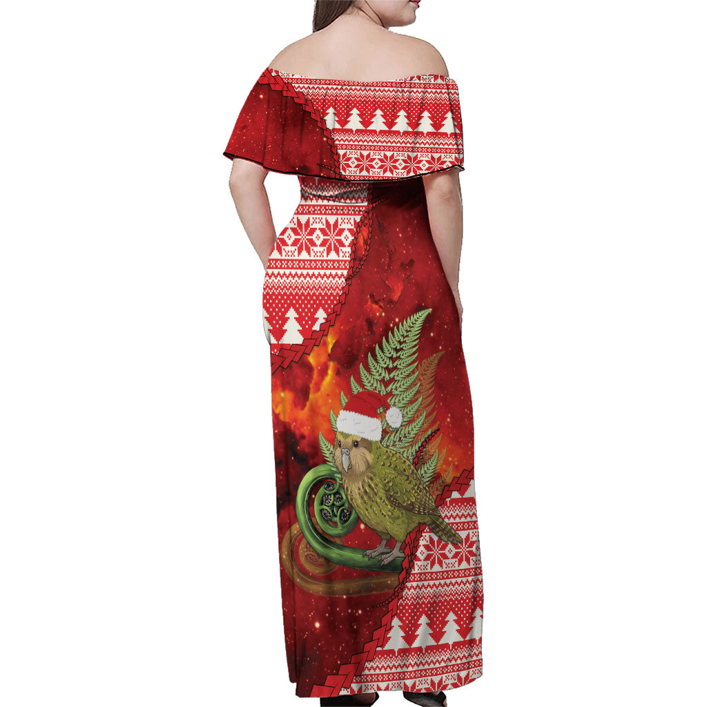 New Zealand Kakapo Christmas In July Family Matching Off Shoulder Maxi Dress and Hawaiian Shirt Silver Fern Santa Xmas Red Color LT22 - Polynesian Pride