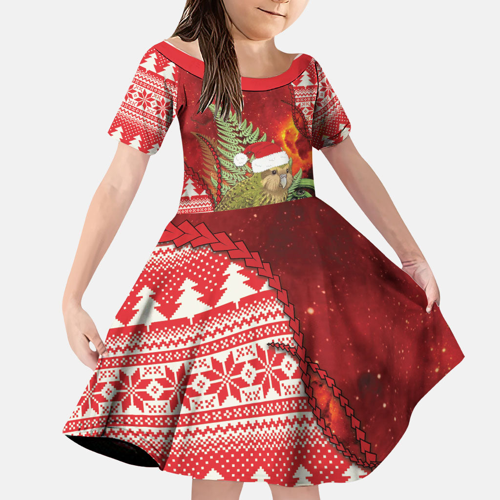New Zealand Kakapo Christmas In July Family Matching Short Sleeve Bodycon Dress and Hawaiian Shirt Silver Fern Santa Xmas Red Color LT22 Daughter's Dress Red - Polynesian Pride