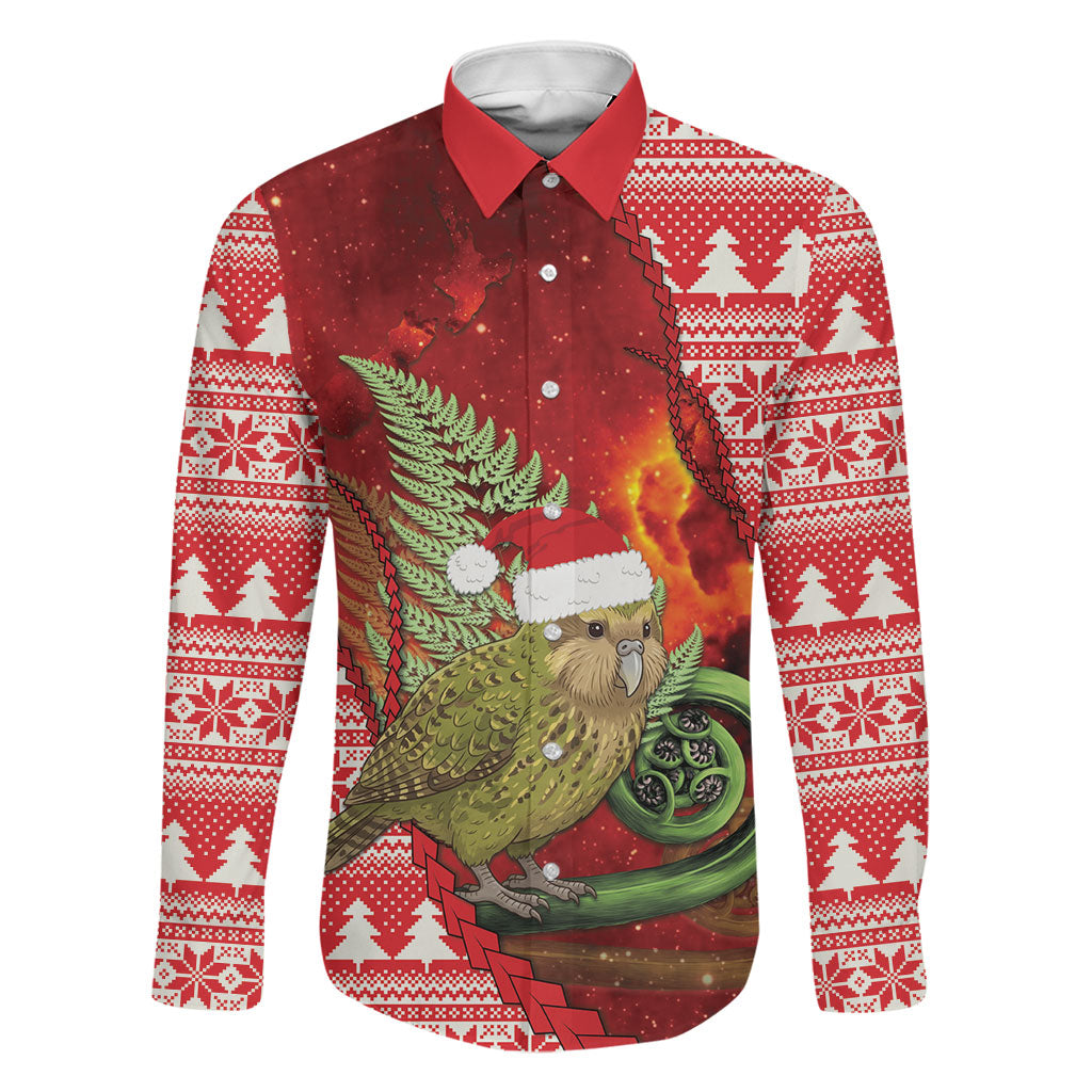 New Zealand Kakapo Christmas In July Family Matching Summer Maxi Dress and Hawaiian Shirt Silver Fern Santa Xmas Red Color LT22 Dad's Shirt - Long Sleeve Red - Polynesian Pride