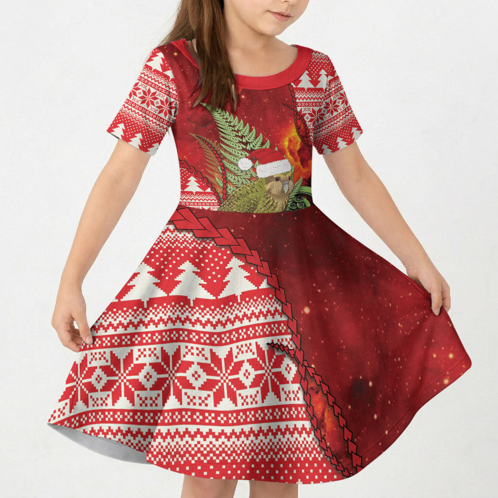 New Zealand Kakapo Christmas In July Kid Short Sleeve Dress Silver Fern Santa Xmas Red Color LT22 KID Red - Polynesian Pride