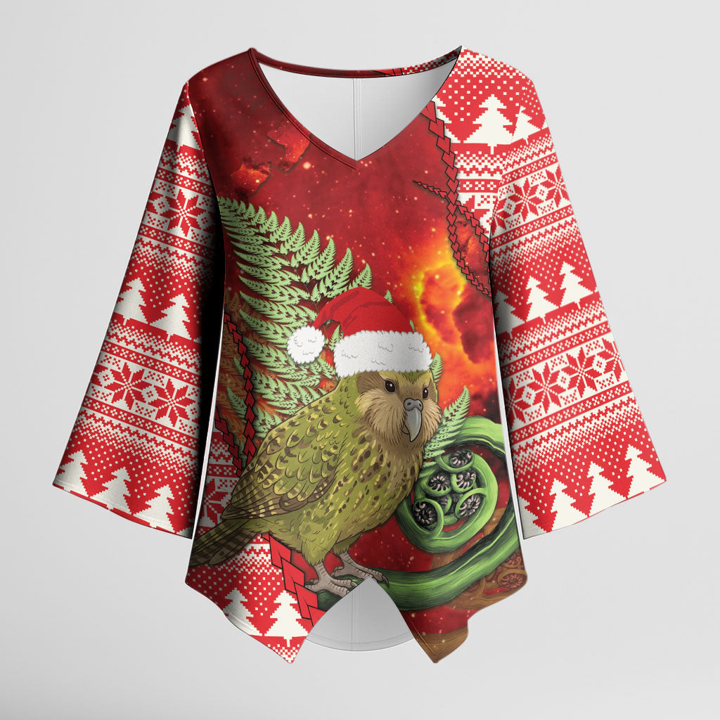 New Zealand Kakapo Christmas In July Kimono Sleeve Blouse Silver Fern Santa Xmas Red Color LT22 Female Red - Polynesian Pride