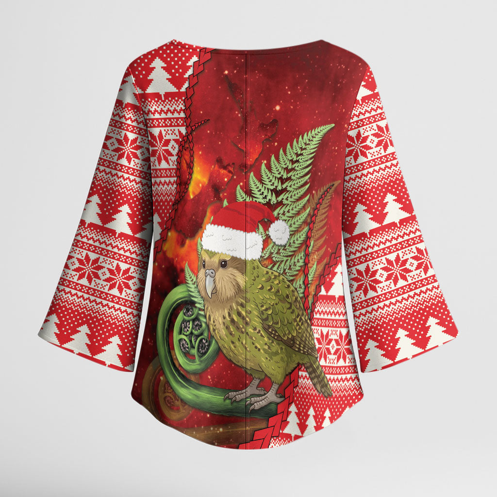 New Zealand Kakapo Christmas In July Kimono Sleeve Blouse Silver Fern Santa Xmas Red Color LT22 - Polynesian Pride