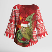 New Zealand Kakapo Christmas In July Kimono Sleeve Blouse Silver Fern Santa Xmas Red Color LT22 - Polynesian Pride