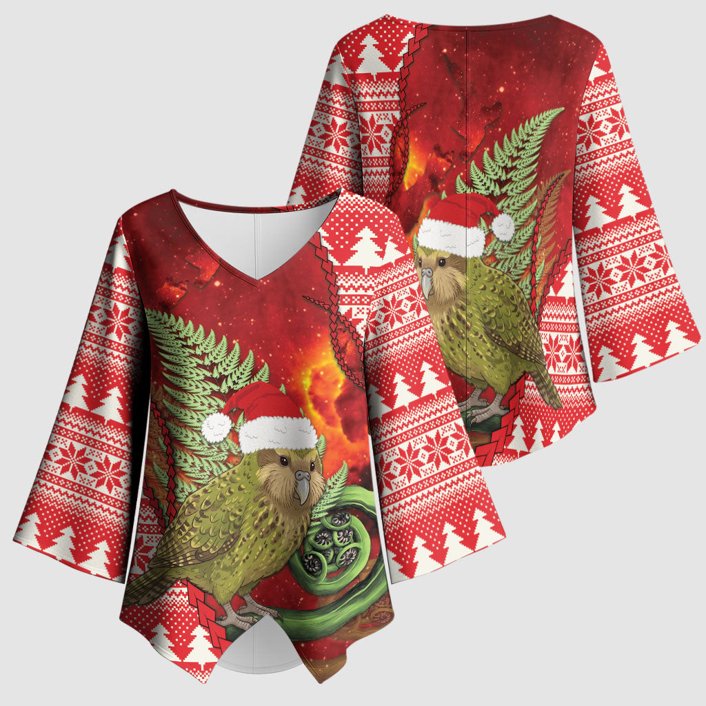 New Zealand Kakapo Christmas In July Kimono Sleeve Blouse Silver Fern Santa Xmas Red Color LT22 - Polynesian Pride
