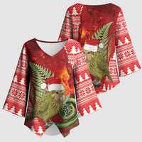 New Zealand Kakapo Christmas In July Kimono Sleeve Blouse Silver Fern Santa Xmas Red Color LT22 - Polynesian Pride